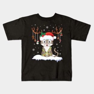 Cat Reindeer Santa Noel Costume Dancing On Snow Merry Xmas Kids T-Shirt